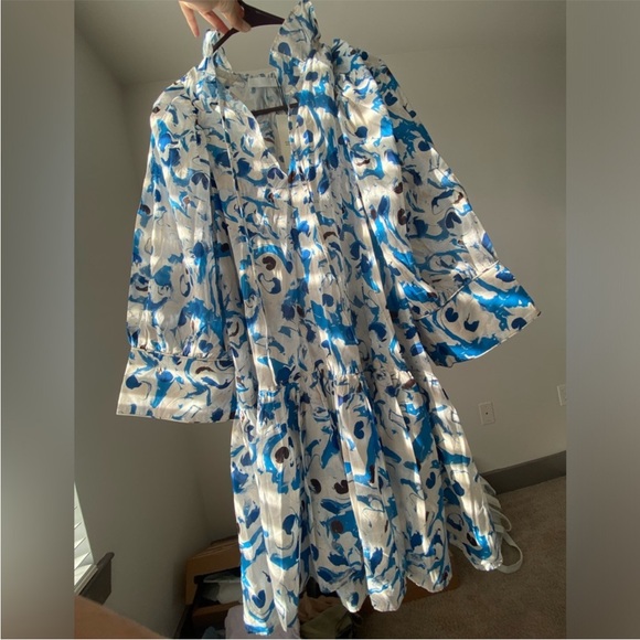 H&M hm Cotton Voile Ruffle Collar Peplum Mini Dress Drop waist Pattern Blue NWT - Picture 15 of 16